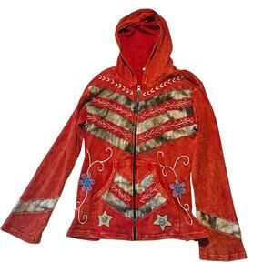 Women's L/XL Festival Hippie Zip-up Hoodie Embroidered Floral Boho Maximalism